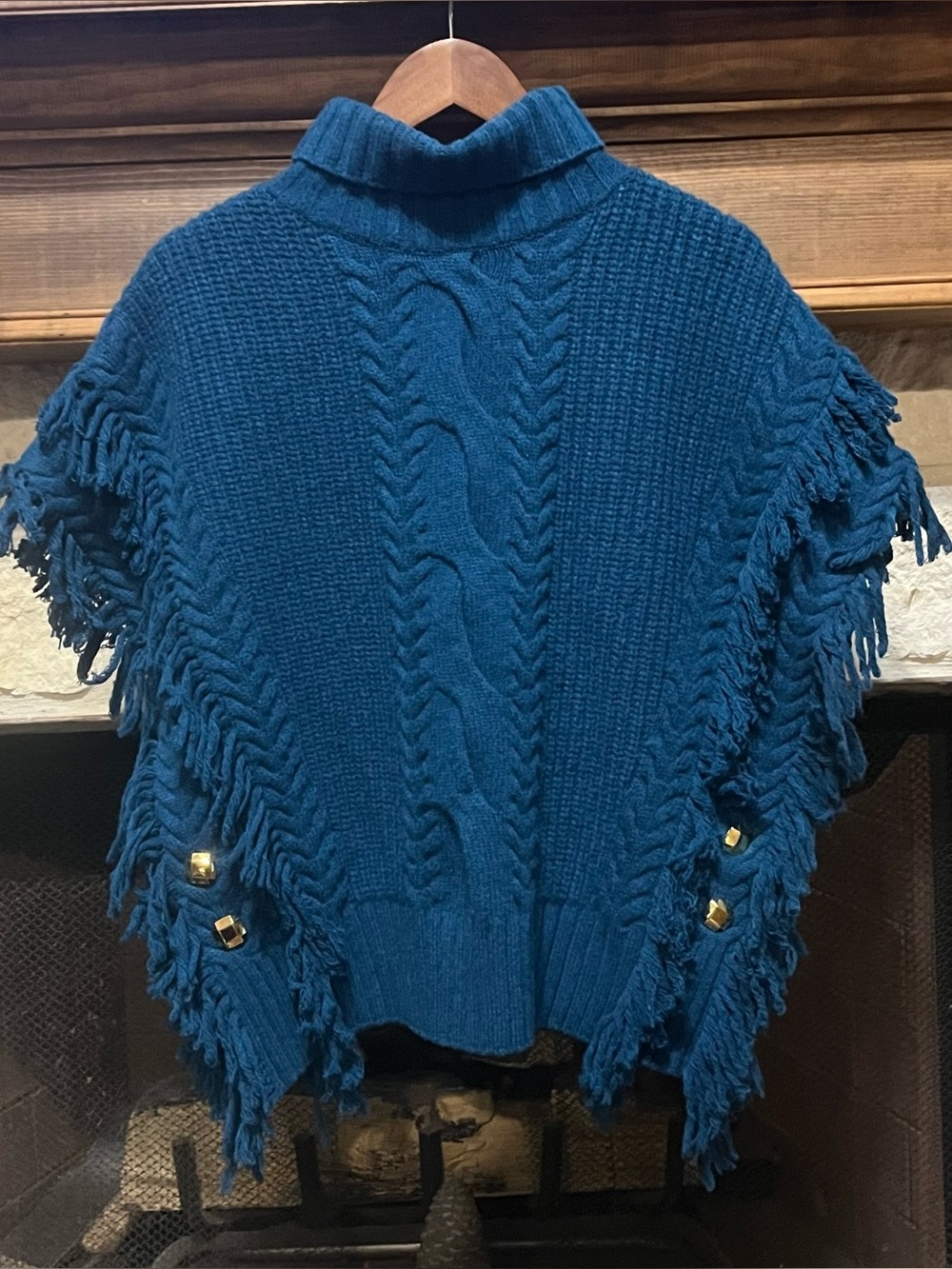 St. John Teal Wool Cable-Knit Fringe Poncho Sweater Turtleneck